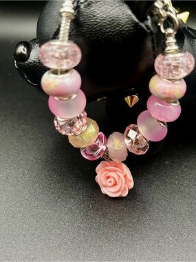 Pink Rose Charm Beaded Bracelet with Mixed Glass Beads